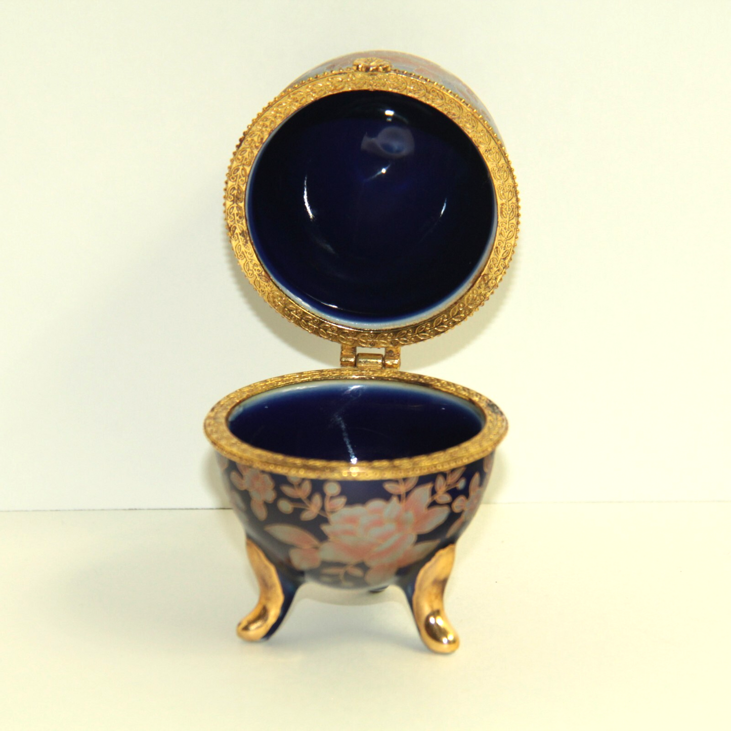 3.75" Floral Egg Trinket Box Cobalt Blue w Pink Flowers & Gold Cloisonne Look